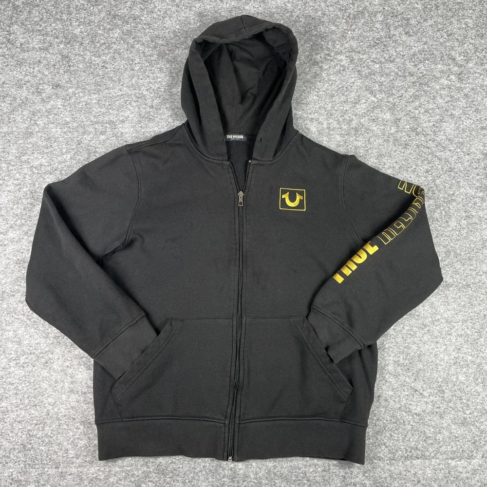 True Religion Zip Hoodie Mens S Black True Block Gold Horseshoe Sleeve Print